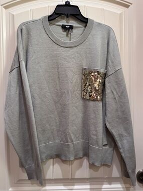 DKNY Light Gray Crewneck Sweater with Sequin Pocket